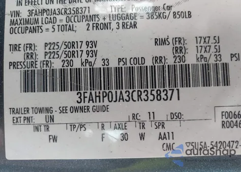 2012 Ford Fusion Sel from USA, damaged, VIN 3FAHP0JA3CR358371